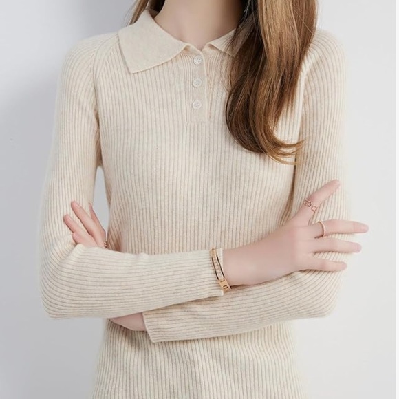 Merino Wool Beige Polo Neck Sweater - Picture 2 of 4